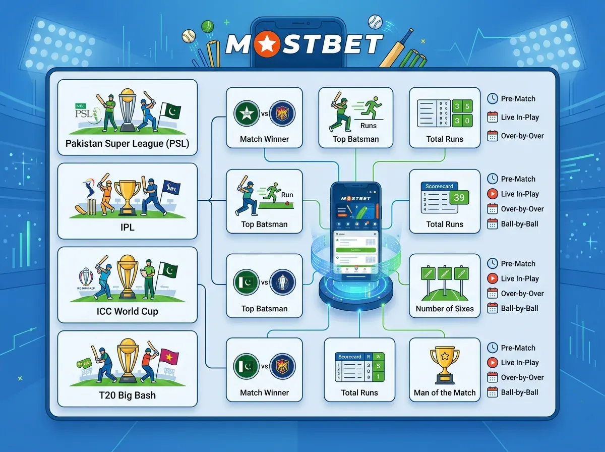 Mostbet App پر cricket betting markets کا خلاصہ. مختلف ٹورنامنٹس میں زیادہ دیکھی جانے والی betting markets اور ان کا وقت۔